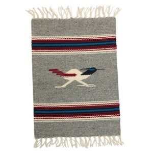 Wool Woven Table Rug, 12" x 16", Gray Red Blue Roadrunner Southwestern Western